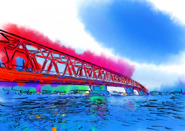 碧水大橋水彩畫
