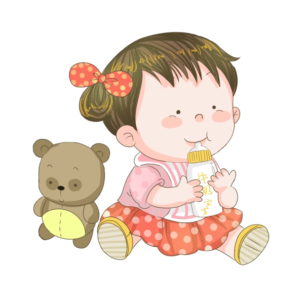 吃奶的小宝宝和玩具熊插画
