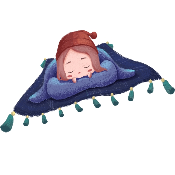 手绘卡通飞毯上睡觉的可爱女孩原创元素