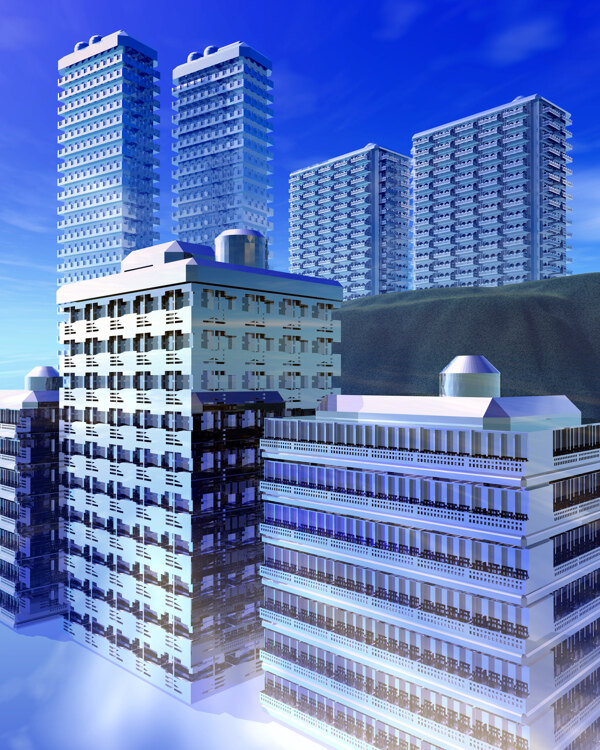 商業(yè)空間樓房建筑效果圖高樓大廈高科技區(qū)水滴科幻