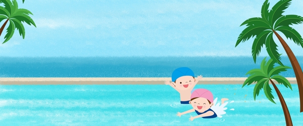夏日游泳海边沙滩蓝天白云