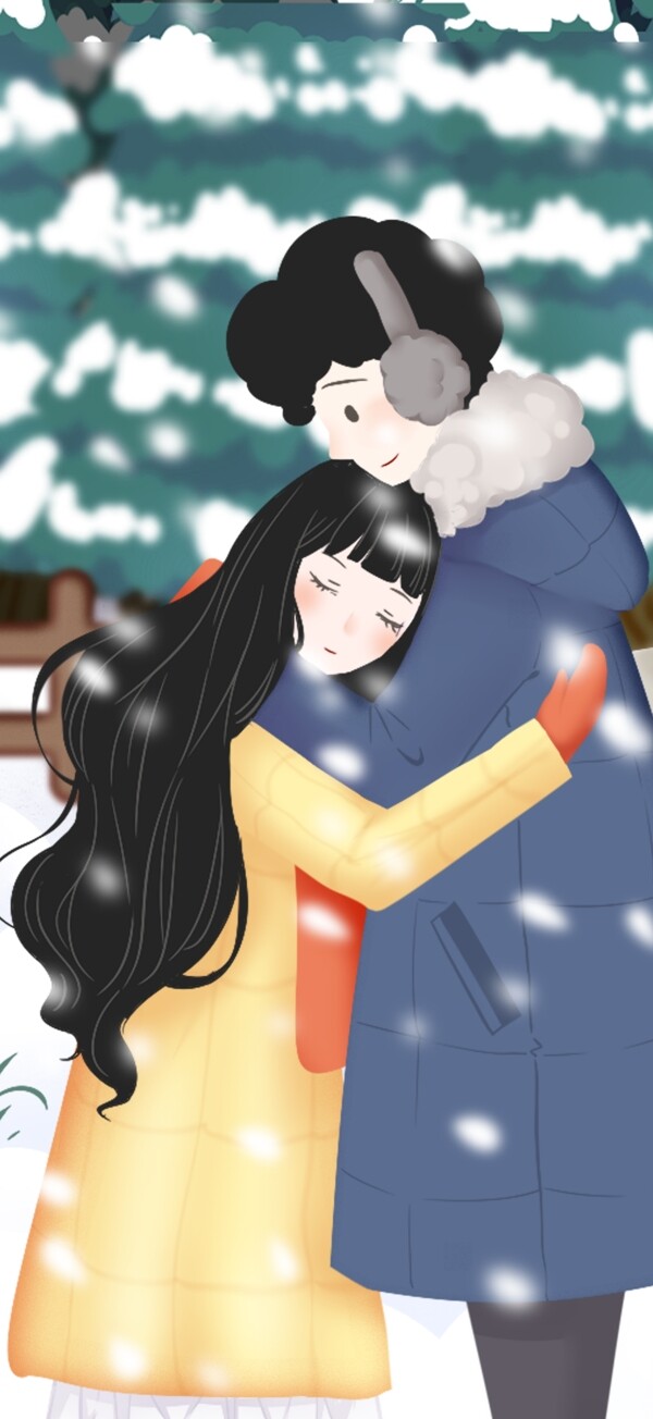 原创非矢量插画小雪雪景拥抱的情侣