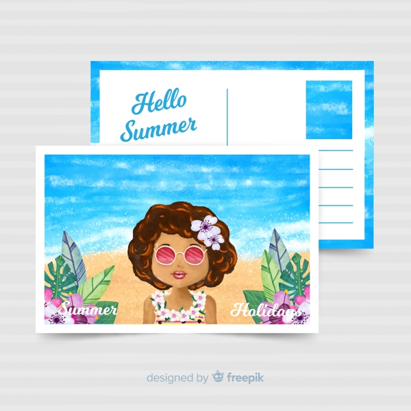 创意海边度假女子明信片