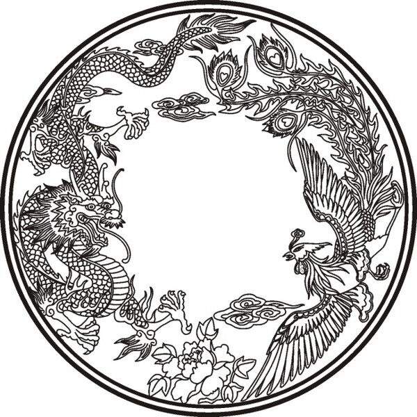 龍鳳呈祥黑白矢量圖