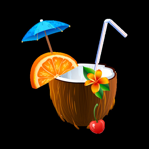 椰子汁雨伞饮品元素