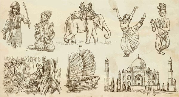 手绘印度人物和建筑图片