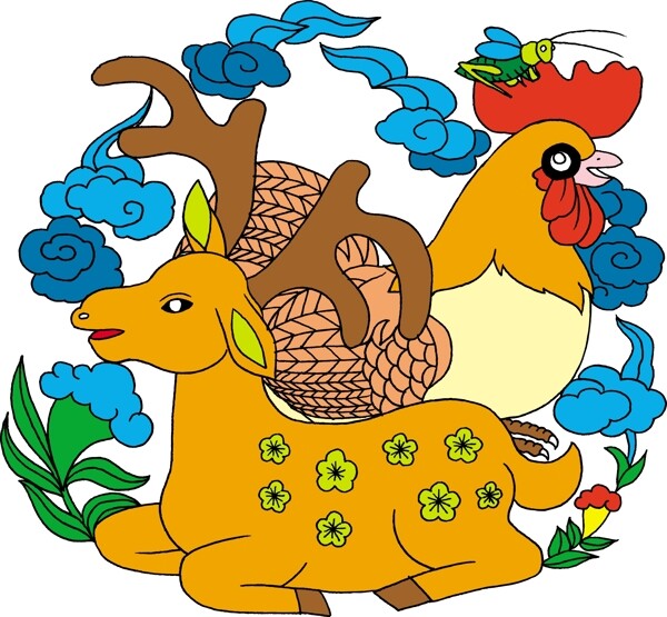 印花矢量圖動(dòng)物鹿雞昆蟲免費(fèi)素材