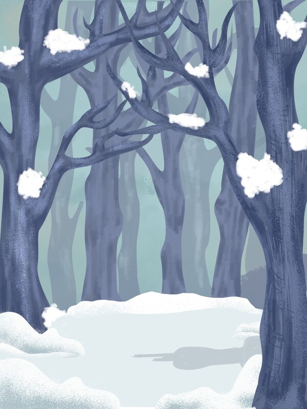 彩绘冬季树林雪地背景素材
