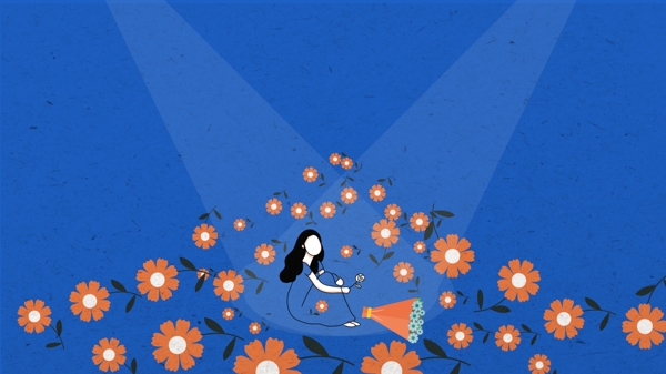 灯光下花丛中的女孩蓝色卡通背景