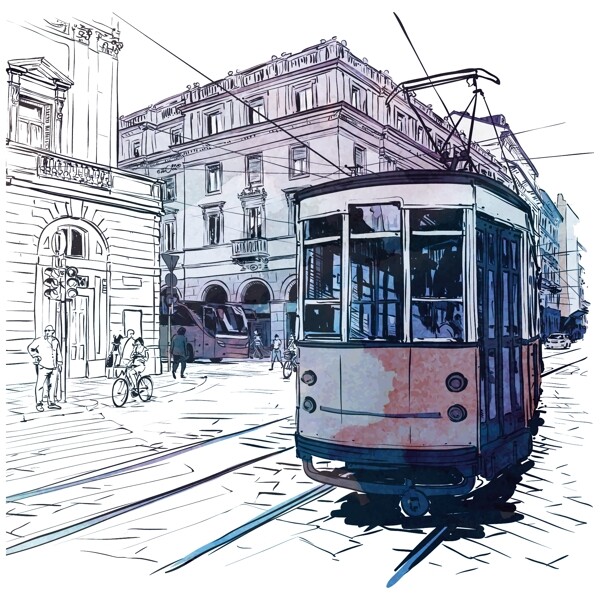 水彩绘城市的双层巴士插画