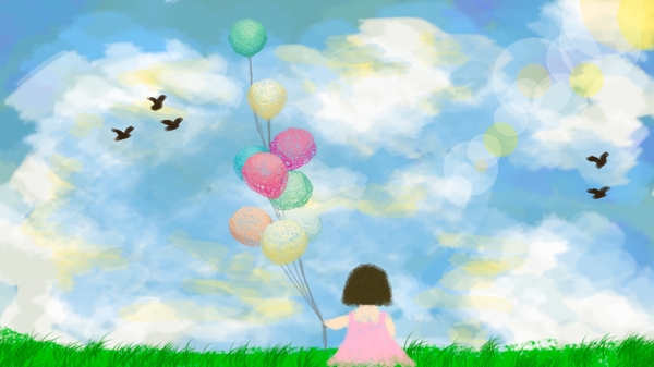 手绘8月9月你好小女孩气球草地