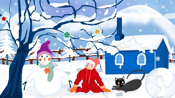 治愈系女孩与雪人猫咪唯美冬季雪景插画