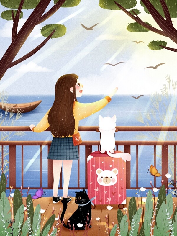 旅李箱女孩清新游記插畫