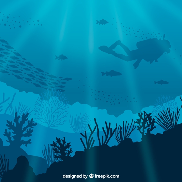 蓝色海底鱼群和潜水人物剪影