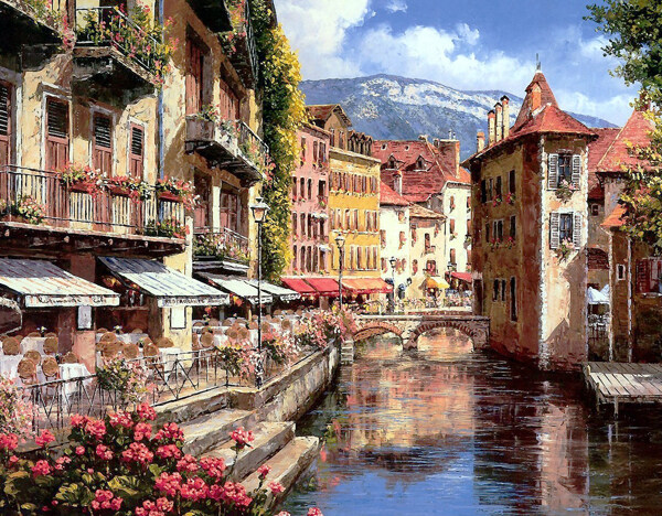 油画欧洲小镇高清喷绘素材