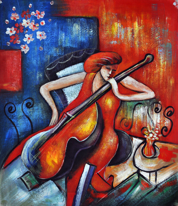音乐女孩大提琴演奏抽象画