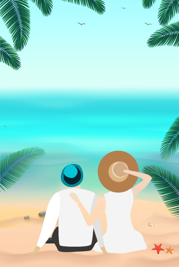 蓝色清新夏季情侣海滩背景
