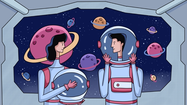 科技未来探索宇宙航空员情侣科幻插画