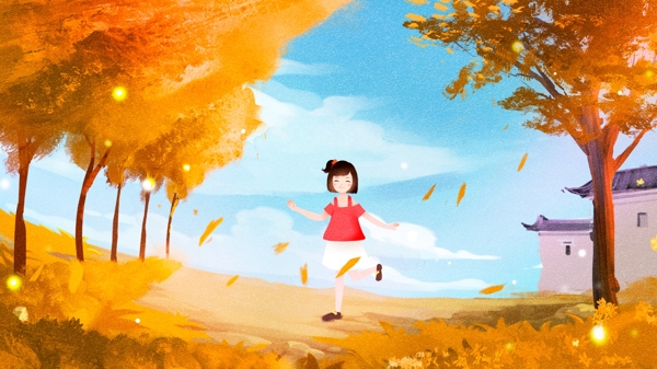 唯美小清新黃色秋分十月你好金秋小女孩插畫(huà)