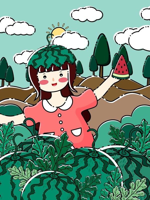 原創(chuàng)MBE風格夏至西瓜園插畫