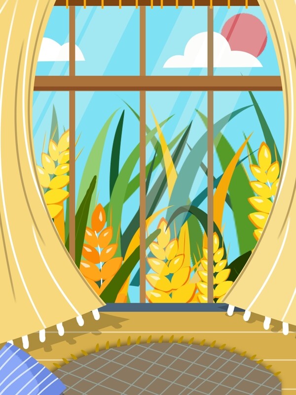 小满节气窗外的麦穗背景素材