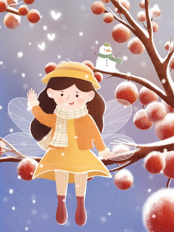 冬日雪景一月你好女孩与雪人插画