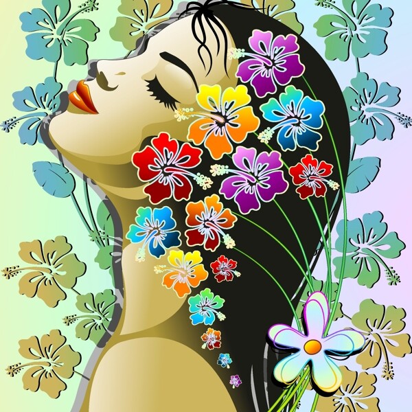 印花矢量圖人物女人植物花朵免費(fèi)素材