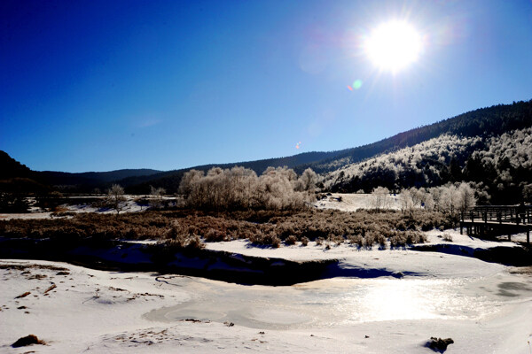 蓝天阳光雪地风景高清图片