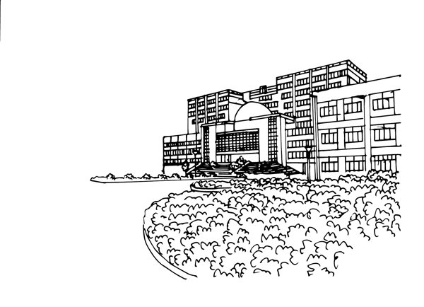 手绘建筑植物场景矢量黑白线条侧面图