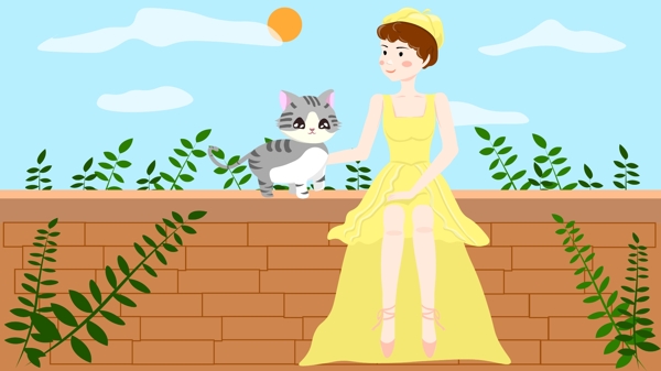 可爱女孩与她的猫咪插画