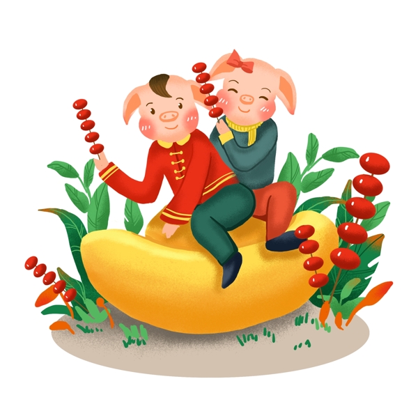 簡約豬年豬元寶糖葫蘆場景插畫元素