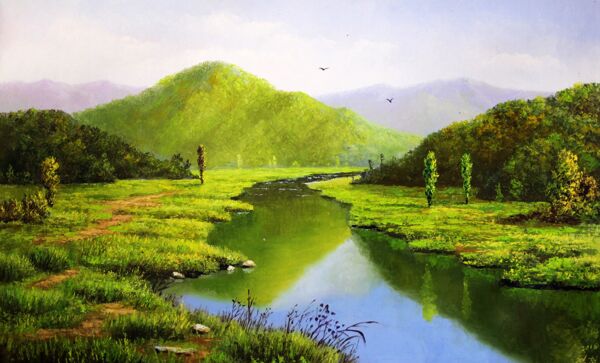 青山绿水风景油画