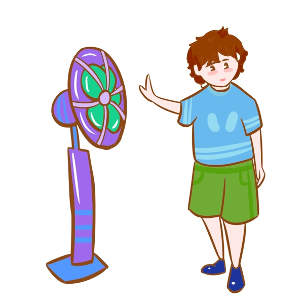 夏季吹风扇降温的男孩手绘