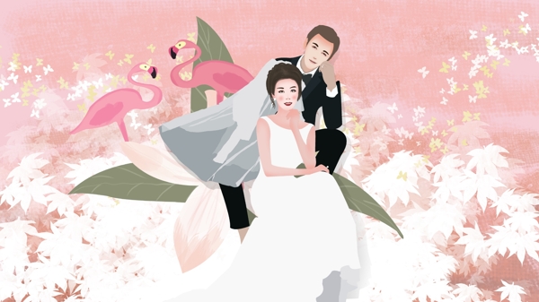 浪漫婚礼季新郎新娘西式白纱粉色背景