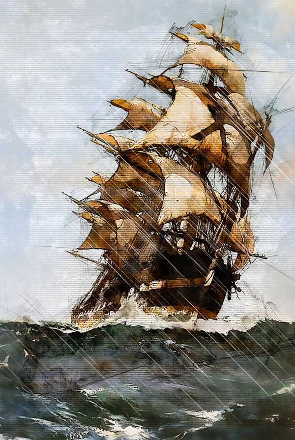 欧式复古帆船油画