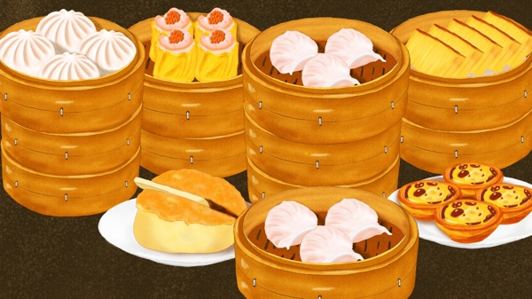 广东传统早茶合辑虾饺黄金糕蛋挞叉烧包插画