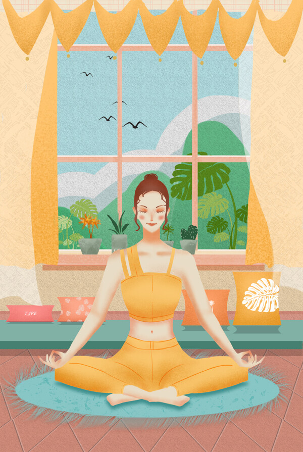 瑜伽运动插画卡通背景素材图片