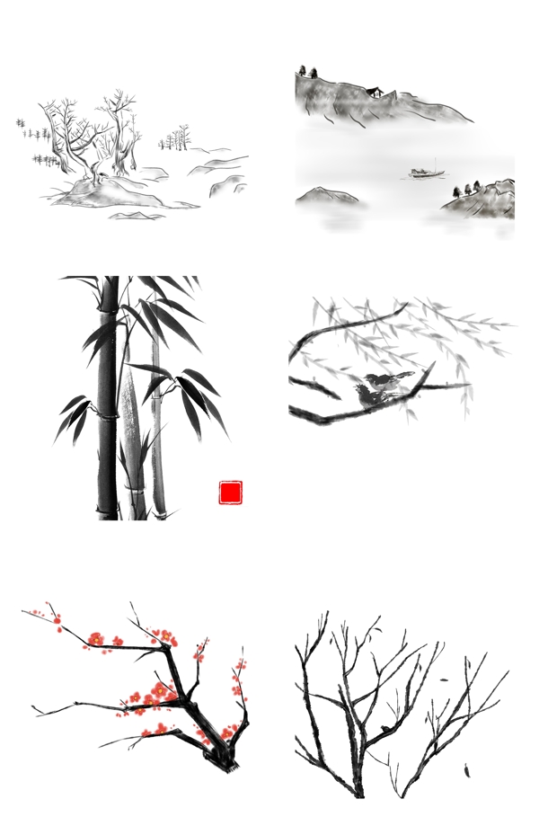 中国风水墨山水植物写意插画6个组合