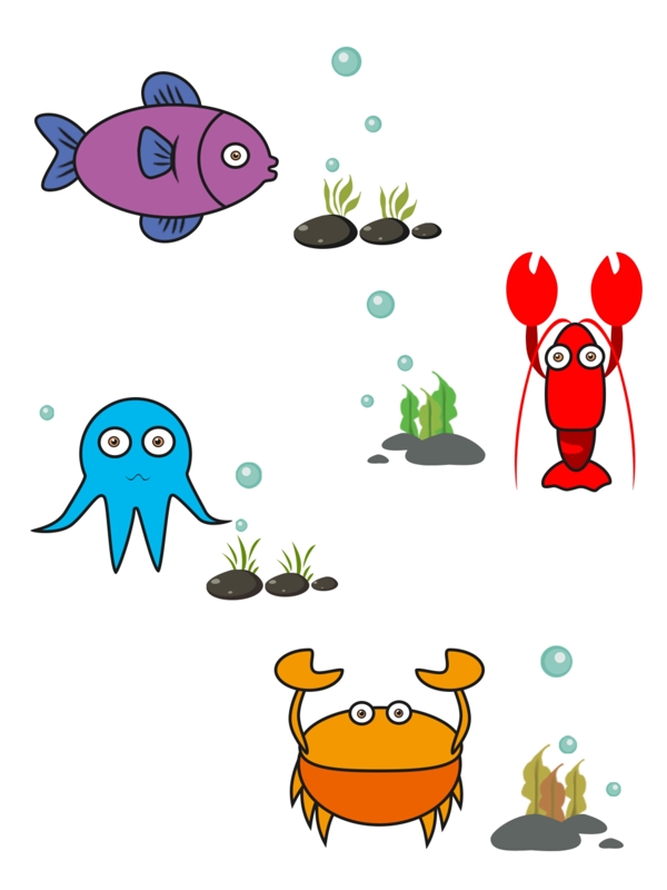 海洋动物鱼虾螃蟹章鱼可修改颜色矢量素材
