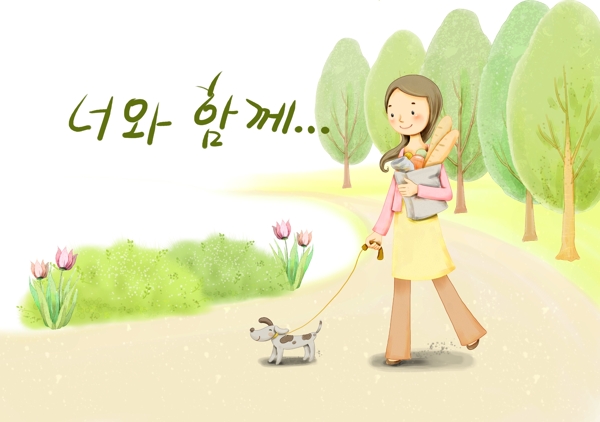 韩国手绘风清新少女在小路上遛狗图片