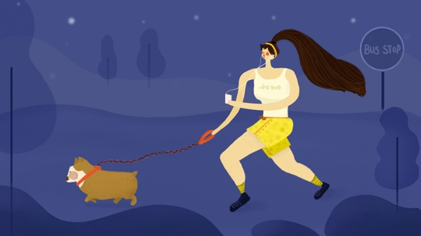 原创插画女孩和狗狗一起跑步配图