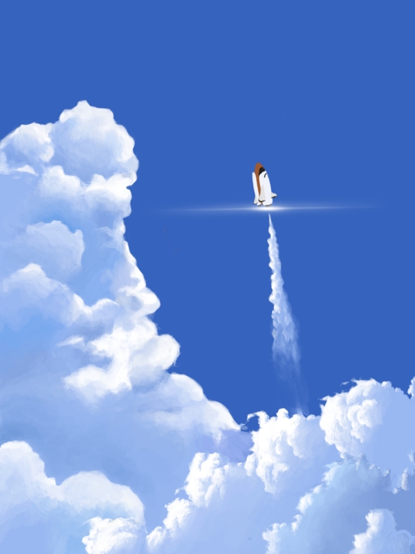 原创手绘蓝色天空白云航空飞机广告背景