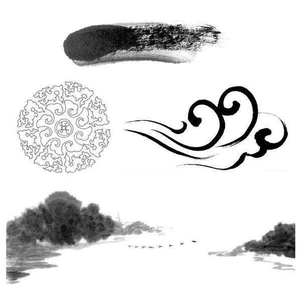水墨祥云花紋山水古典裝飾素材