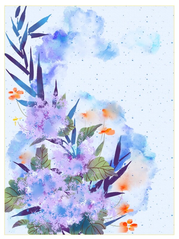 原创手绘中国风竹叶花卉水彩晕染背景框画