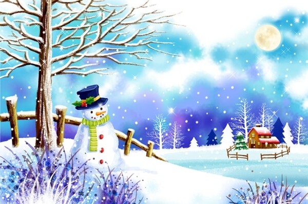 韩国彩绘唯美冬季雪景图片