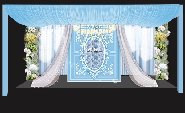 蓝色吊顶浪漫迎宾区主舞台设计花墙婚礼效果图