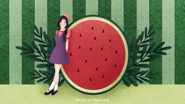 清新夏天你好夏季西瓜水果女孩原创插画海报