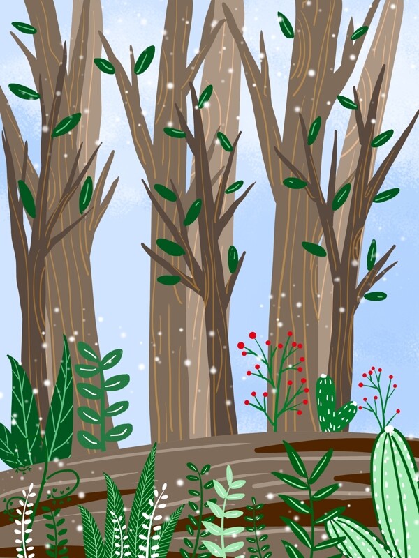 冬季下雪树林风景插画背景
