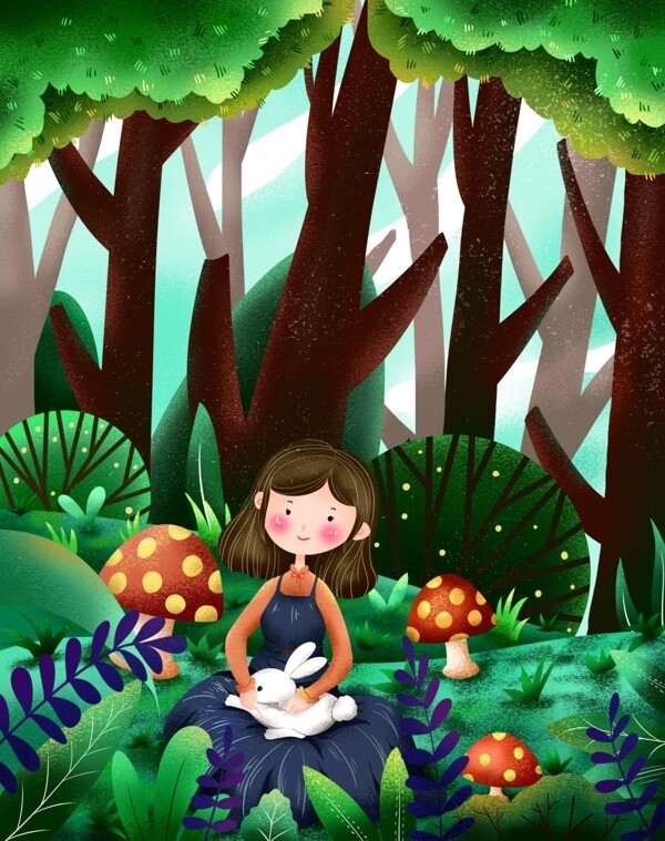 绿色原创插画森林女孩春季背景设计