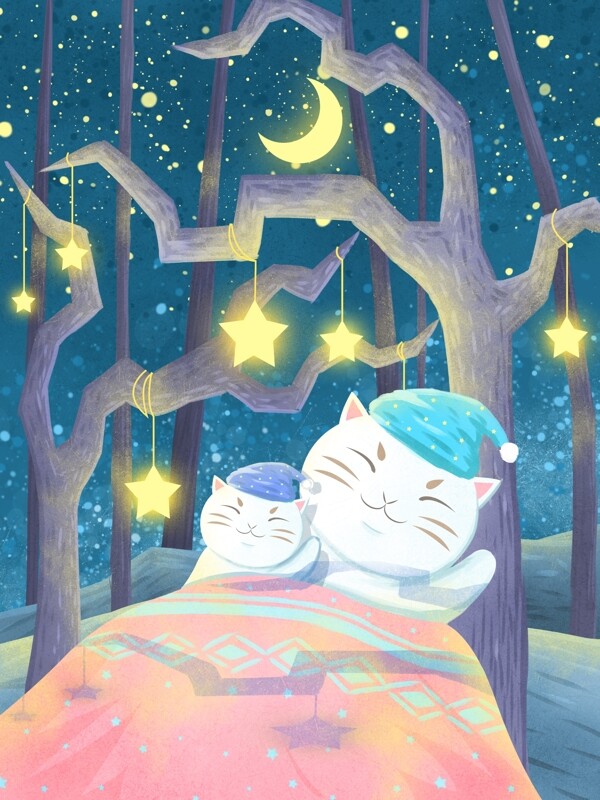 心语心情晚安你好插画树林中的大猫小猫